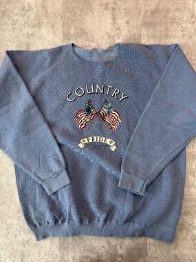 Vintage USA Flag Sweatshirt American Patriotic Blue Made in USA Sweater 90s 2XL